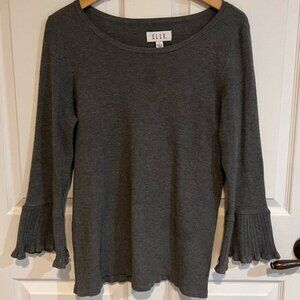ELLE Gray Bell Sleeve Knit Top Large Flared Cuff Textured Pullover